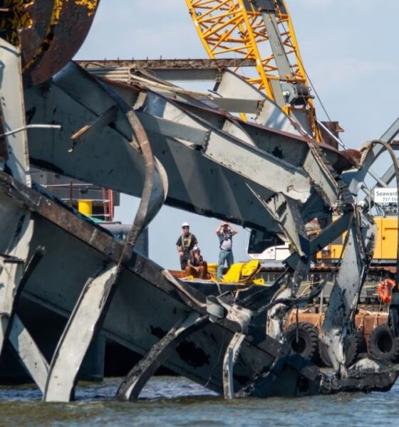 Salvors use a heavy lift sheerleg crane ship, the Chesapeake 1000, to remove wreckage from the Francis Scott Key Bridge collapse, Baltimore Harbor, Md., April 29, 2024.