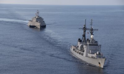 SOUTH CHINA SEA (July 31, 2024) – Independence-class littoral combat ship USS Mobile (LCS 26) conducts a Maritime Cooperative Activity with Philippine Navy’s Gregorio del Pilar-class patrol ship, BRP Ramon Alcaraz (PS 16), in the South China Sea, July 31, 2024. Mobile, part of Destroyer Squadron 7, is on a rotational deployment operating in the U.S. 7th Fleet area of operations to enhance interoperability with allies and partners and serve as a ready-response force in support of a free and open Indo-Pacific region. (U.S. Navy photo by Naval Aircrewman Tactical Helicopter 2nd Class Diego Chavez)