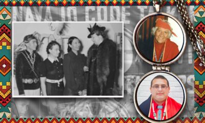 In honor of National Navajo Code Talkers Day on August 14, Naval Information Warfare Center (NIWC) Atlantic software engineer Mathew Daugomah celebrates the legacy of his great-grandfather, Dooley D. Shorty, a Navajo Code Talker who served in the Marine Corps during World War II. Far left: Shorty is honored by Eleanor Roosevelt on January 25, 1941, for his contributions as a teacher of the Navajo language and as a silversmith. Top right: Shorty in 1999. Bottom right: Daugomah, August 12, 2024.