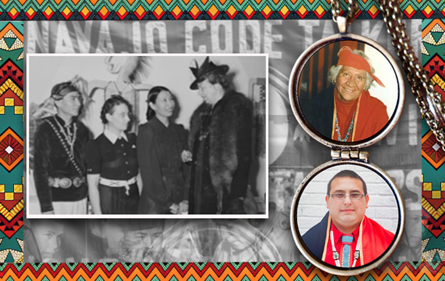 In honor of National Navajo Code Talkers Day on August 14, Naval Information Warfare Center (NIWC) Atlantic software engineer Mathew Daugomah celebrates the legacy of his great-grandfather, Dooley D. Shorty, a Navajo Code Talker who served in the Marine Corps during World War II. Far left: Shorty is honored by Eleanor Roosevelt on January 25, 1941, for his contributions as a teacher of the Navajo language and as a silversmith. Top right: Shorty in 1999. Bottom right: Daugomah, August 12, 2024.