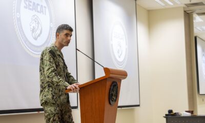 Capt. Axel Steiner, Chief of Staff assigned to Commander, Logistics Group Western Pacific/Task Force 73 (COMLOG WESTPAC), speaks during a workshop at the Southeast Asia Cooperation and Training (SEACAT) 2024 exercise at Changi Naval Base.