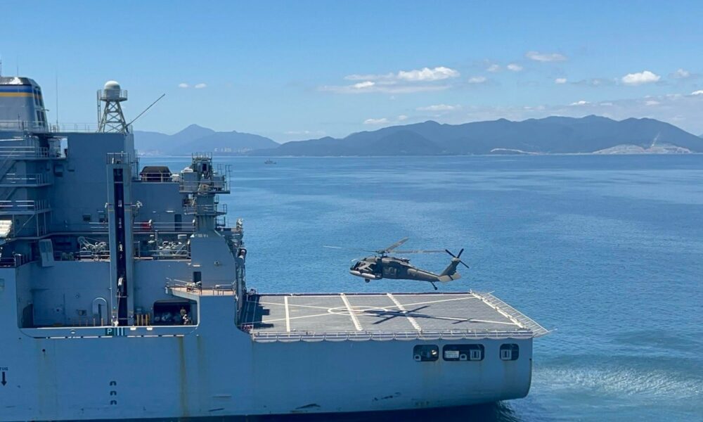 U.S. Army UH-60M Black Hawk helicopter with 2nd Battalion, 2nd Aviation Regiment, 2nd Combat Aviation Brigade lands aboard Lewis and Clark-class dry cargo ship USNS Sacagawea (T-AKE 2), off the coast of Jinhae, South Korea, July 31, 2024. (Courtesy photo)