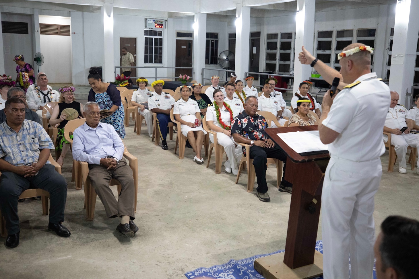 Rear Adm. Brent DeVore, delivers remarks during the closing ceremony for Pacific Partnership 2024-2 in Kosrae, Federated States of Micronesia.