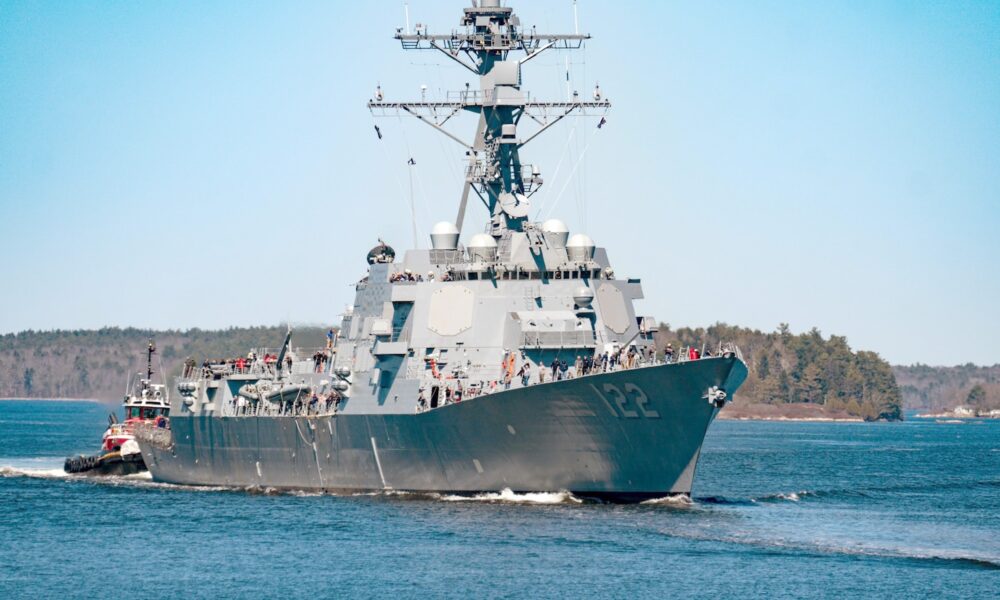 USS John Basilone (DDG 122) transits the Kennebec River to the sea to conduct Bravo Trials.