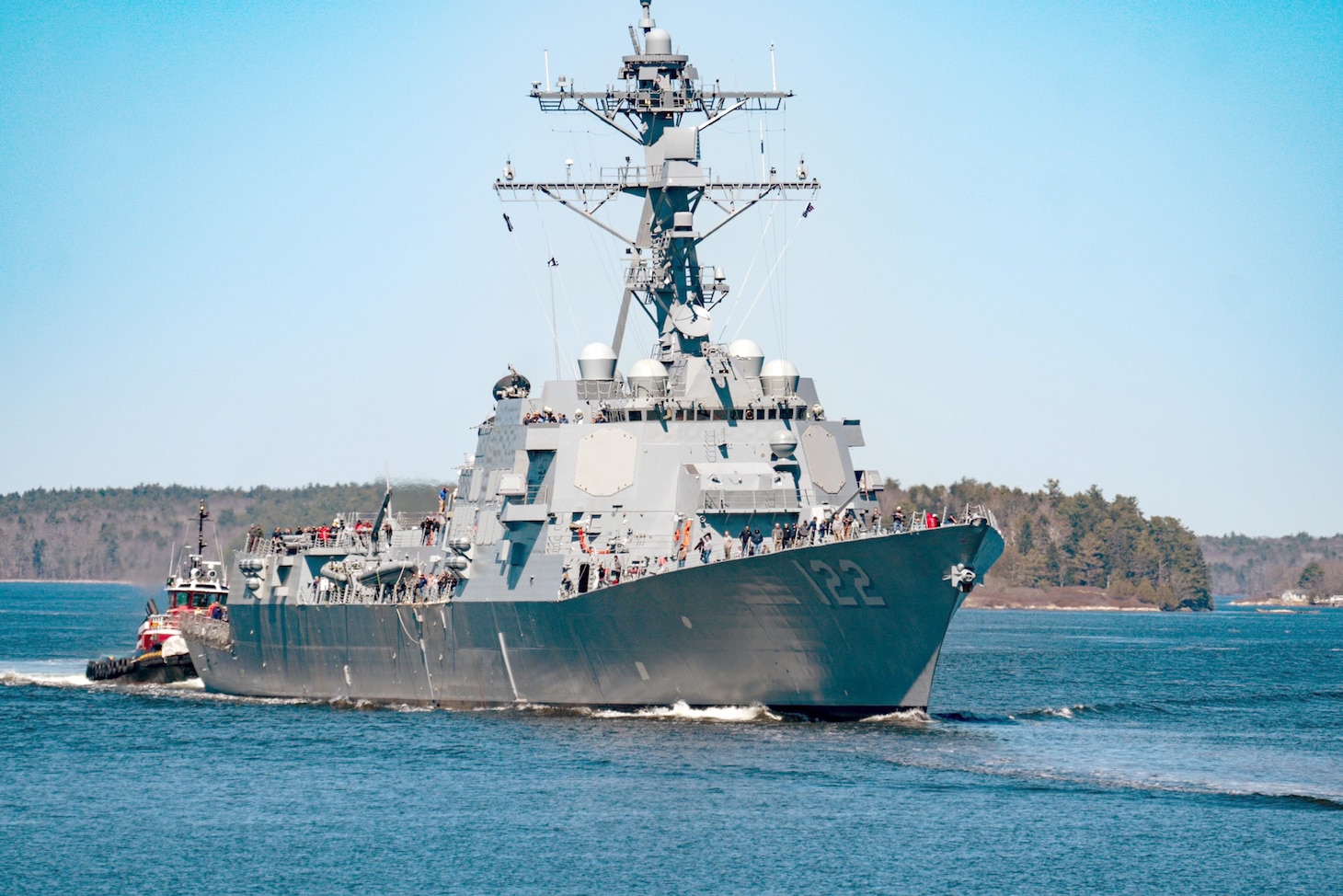 USS John Basilone (DDG 122) transits the Kennebec River to the sea to conduct Bravo Trials.