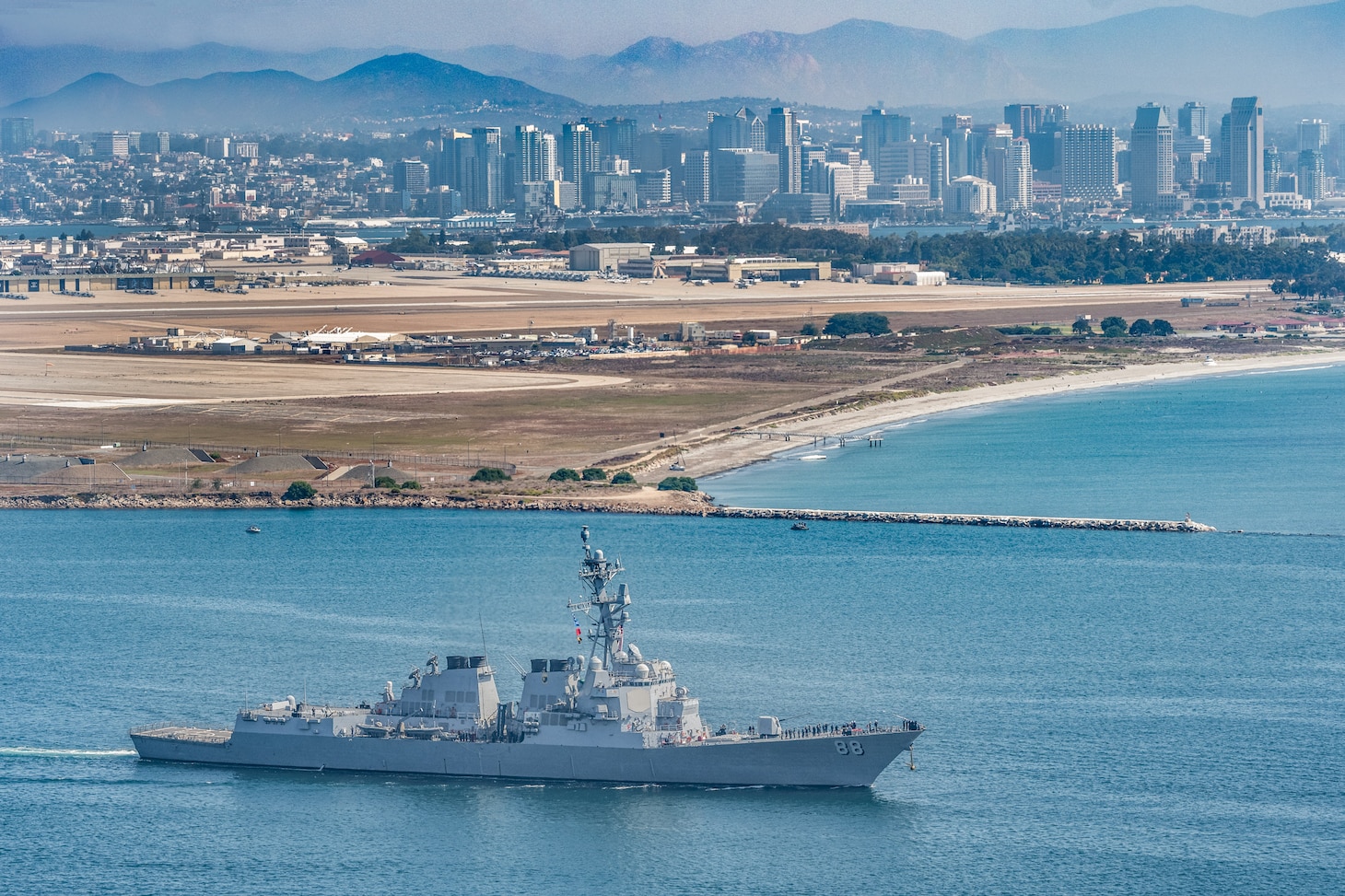 USS Preble (DDG 88) departs San Diego Harbor as part of a homeport change in the Pacific.