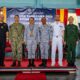 Rear Adm. Todd Cimicata, Commander, Logistics Group Western Pacific/Task Force 73 (COMLOG WESTPAC/CTF 73) (left) poses for a photo with Rear Adm. Jose Ma Ambrosio Q. Ezpeleta, Vice Commander, Philippine Navy, (middle) and Commodore Edward Ike Morada De Sagon, Commander, Naval Forces Northern Luzon (right) at the opening ceremony of Exercise Sama Sama, on Naval Operating Base-Subic.