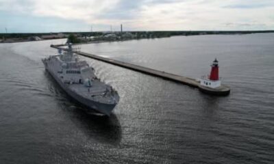 The future USS Beloit (LCS 29) is photographed underway heading out to sea.