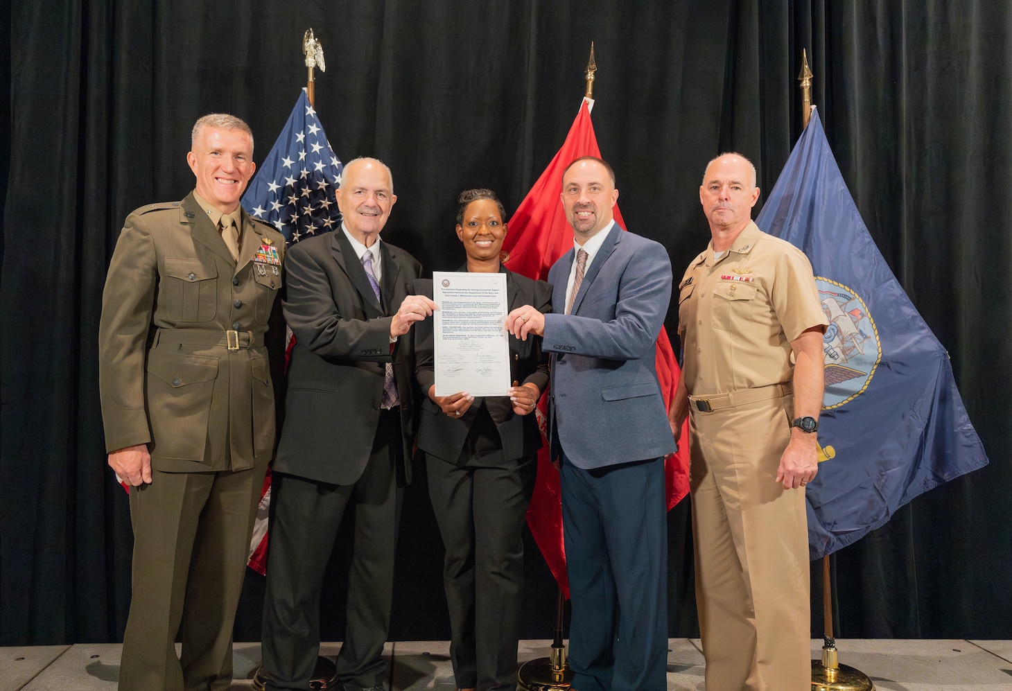 Department of the Navy and Sourcewell leaders signed an Intergovernmental Support Agreement partnership during the DON Town Hall at the Association of Defense Communities Installation Innovation Forum in San Antonio, TX on October 28, 2024