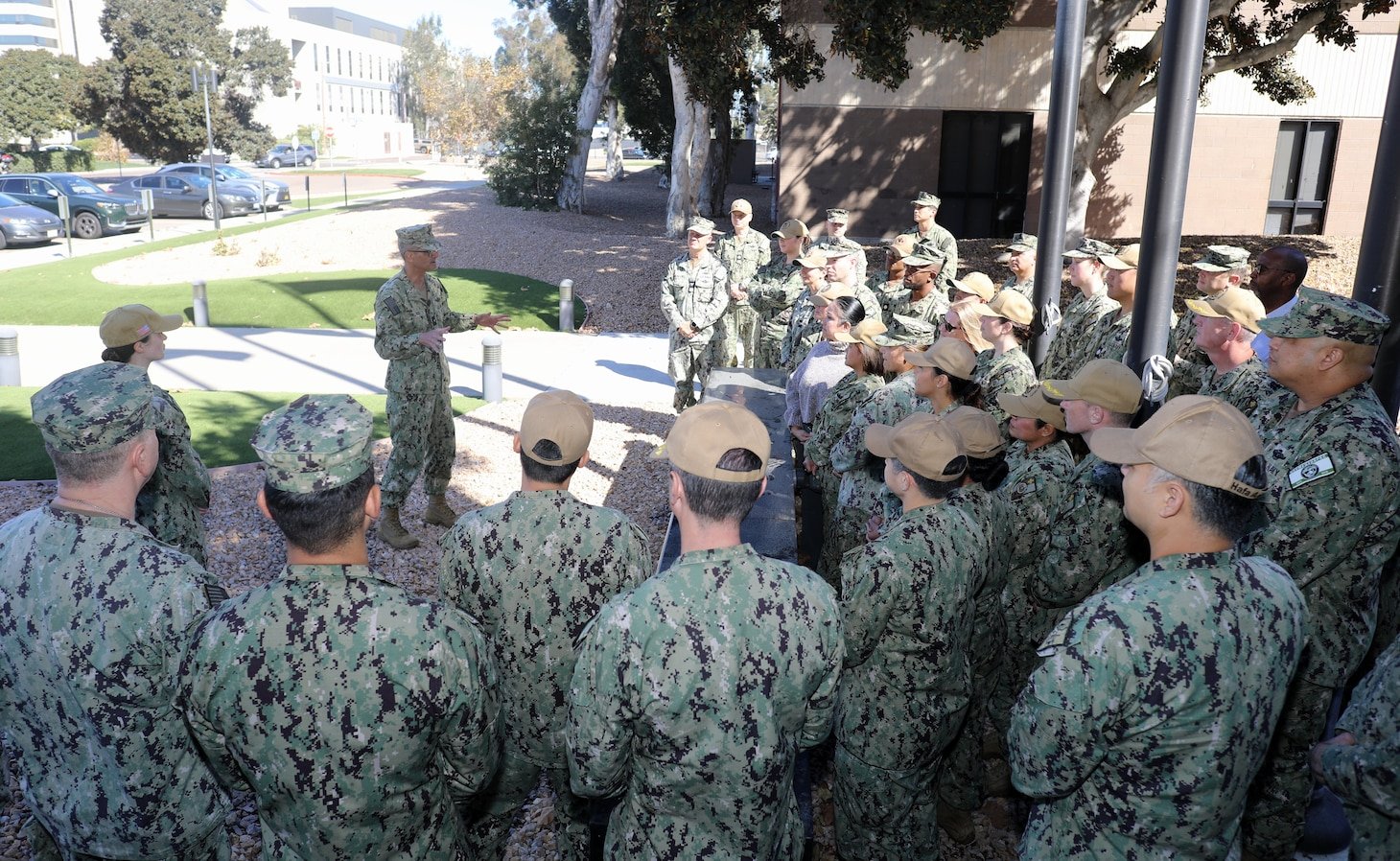 Rear Adm. Guido Valdes, commander of Naval Medical Forces Pacific, thanks the medical Command Post Exercise participants for their hard work and dedication following a successful completion of the exercise, Nov. 1. The CPX tested essential skills in medical command and control, patient movement, and logistical support, strengthening Navy Medicine’s expeditionary readiness. Keen Sword is a biennial, joint and bilateral field-training exercise involving U.S. military and Japan Self-Defense Forces personnel, designed to increase readiness and interoperability while strengthening the U.S.-Japan alliance.