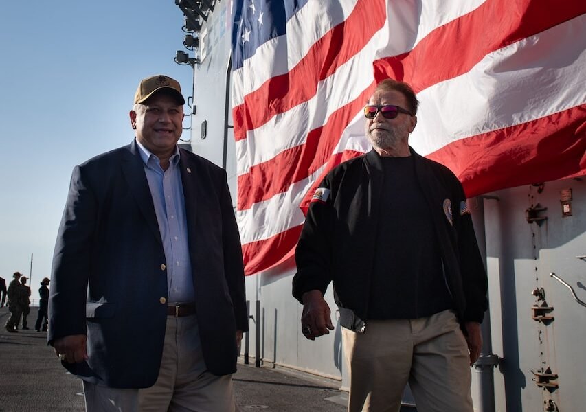 SECNAV holds all hands call aboard Boxer with former Governor Arnold Schwarzenegger