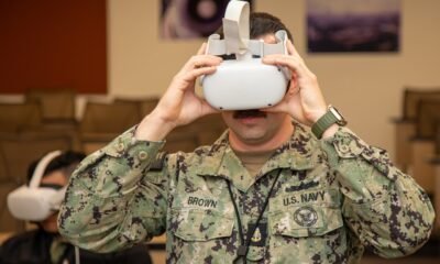 A Sailor from MARMC tests the Oculus headset utilized for sexual assault prevention and suicide prevention virtual reality training at Naval Station Norfolk.