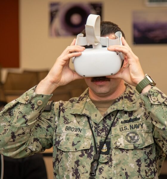 A Sailor from MARMC tests the Oculus headset utilized for sexual assault prevention and suicide prevention virtual reality training at Naval Station Norfolk.