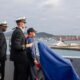 The Commanding Officer of the San Antonio-class amphibious transport dock ship USS San Diego (LPD 22), Capt. Timothy Carter (back left), stands alongside the Ishigaki harbor pilot and his bridge watch team as the ship arrives in Ishigaki, Japan, Feb. 26.