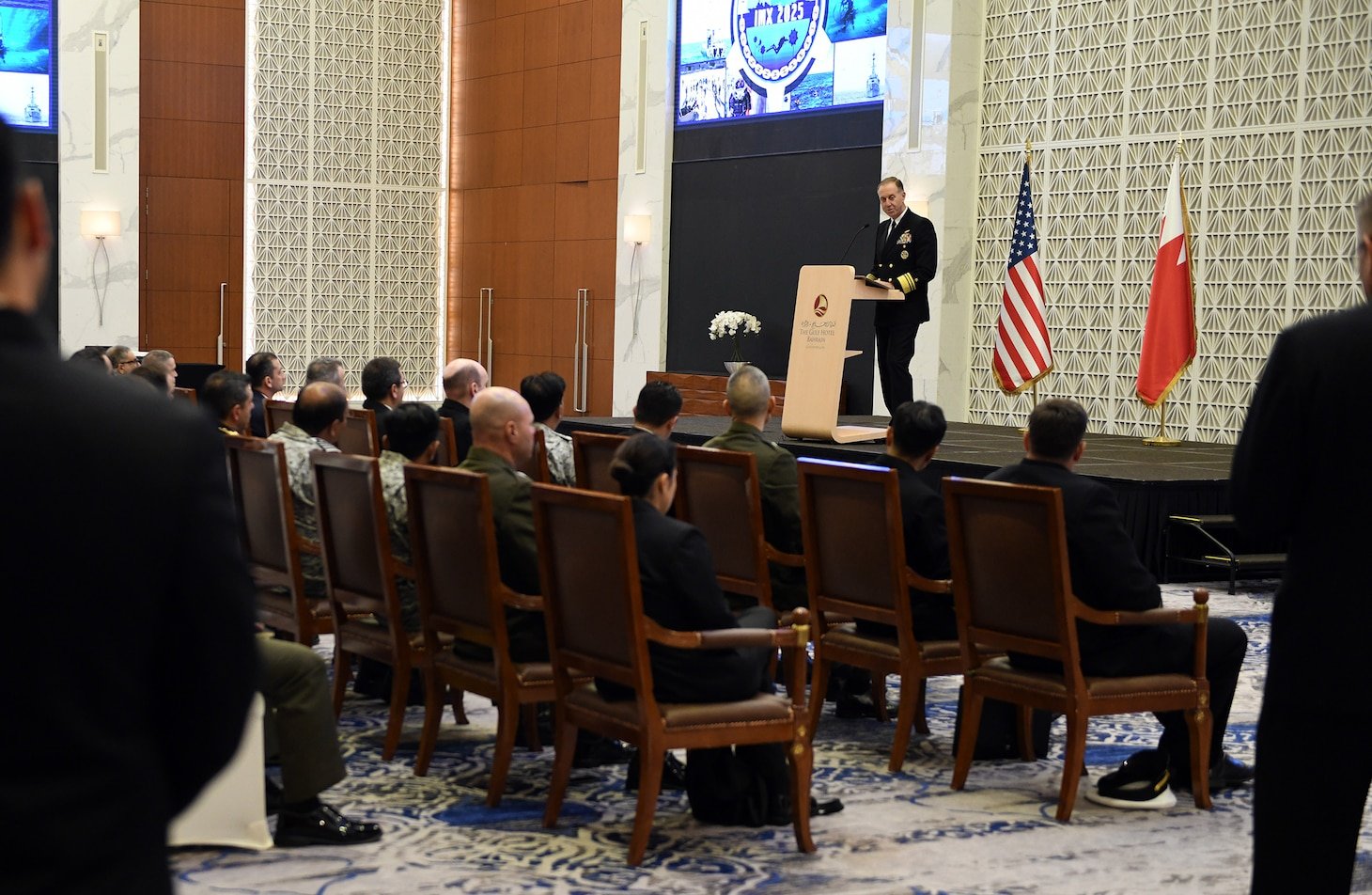 U.S. Navy Vice Adm. George Wikoff, commander of U.S. Naval Forces Central Command and U.S. 5th Fleet, delivers final remarks during the closing ceremony of International Maritime Exercise (IMX) 2025 in Manama, Bahrain.