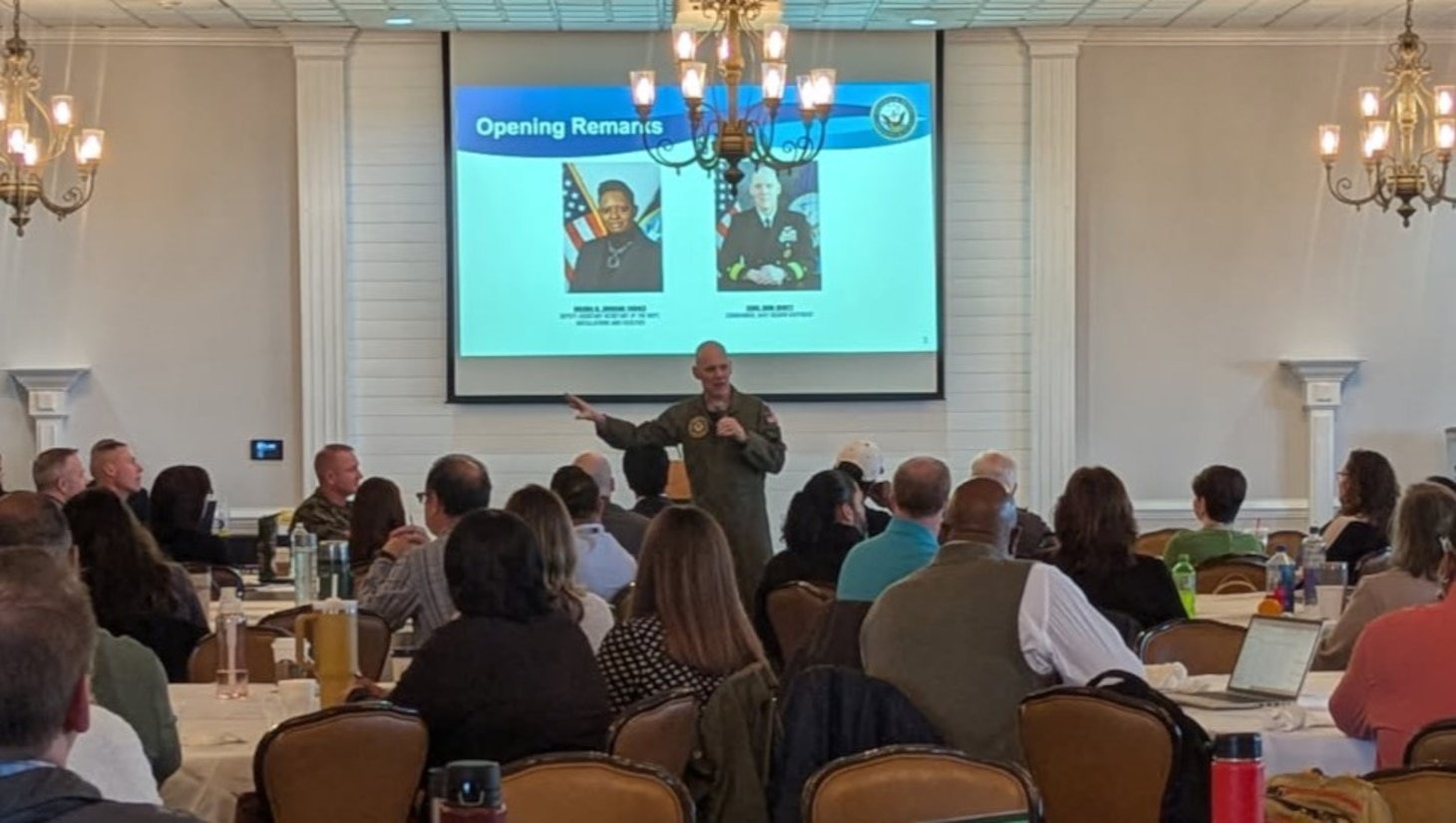 Rear Adm. John Hewitt, Commander, Navy Region Southeast, speaks to military and civilian installation planners and commanding officers at the first of four FY25 Department of the Navy Title 10 Authorities workshops to explore creative solutions to today’s installation and infrastructure challenges.